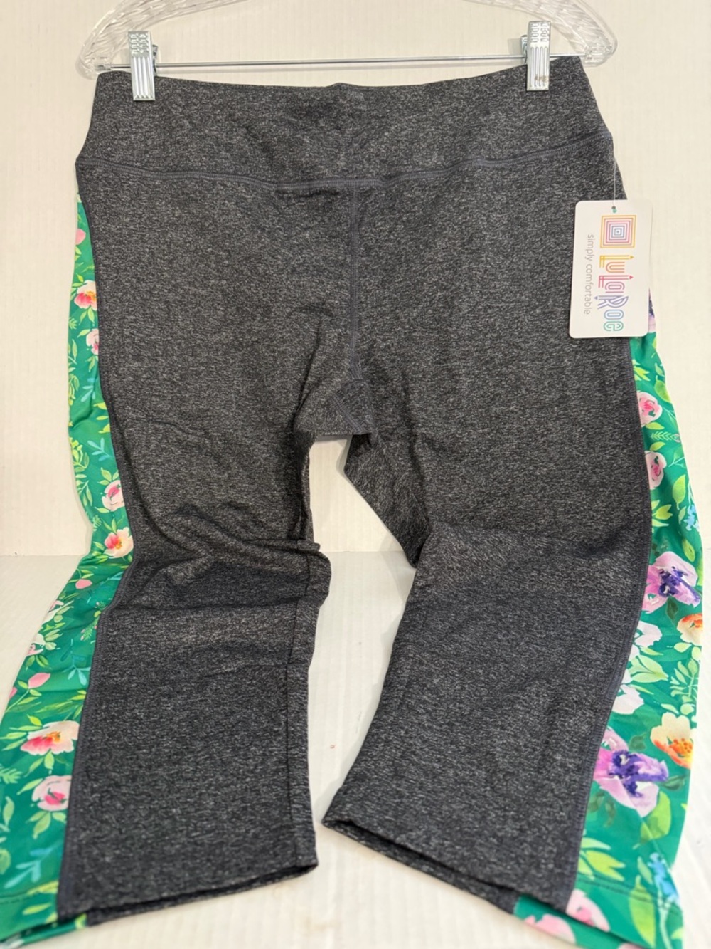 LuLaRoe Kids Charcoal Gray Leggings with Green Floral Side Panels